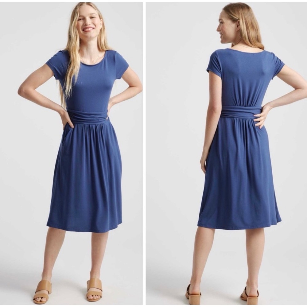 Quince Tencel Jersey Ruched Waist Dress Navy Size S Modest Pockets Minimalist